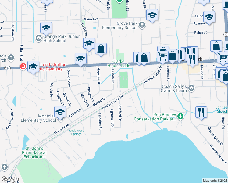 map of restaurants, bars, coffee shops, grocery stores, and more near 2203 Marcel Drive in Orange Park