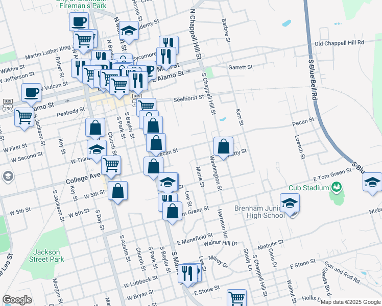 map of restaurants, bars, coffee shops, grocery stores, and more near 806 Marie Street in Brenham