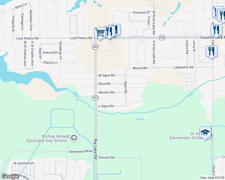 map of restaurants, bars, coffee shops, grocery stores, and more near 3484 Necess Rd in Lake Charles