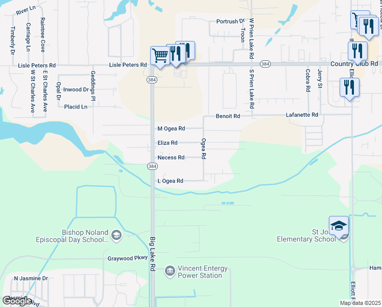 map of restaurants, bars, coffee shops, grocery stores, and more near 3458 Necess Rd in Lake Charles