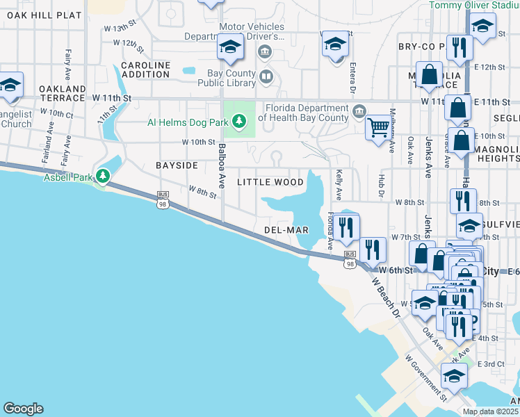 map of restaurants, bars, coffee shops, grocery stores, and more near 918 West 7th Court in Panama City
