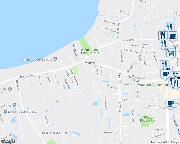 map of restaurants, bars, coffee shops, grocery stores, and more near 2448 Ivy Ford Lane in Jacksonville