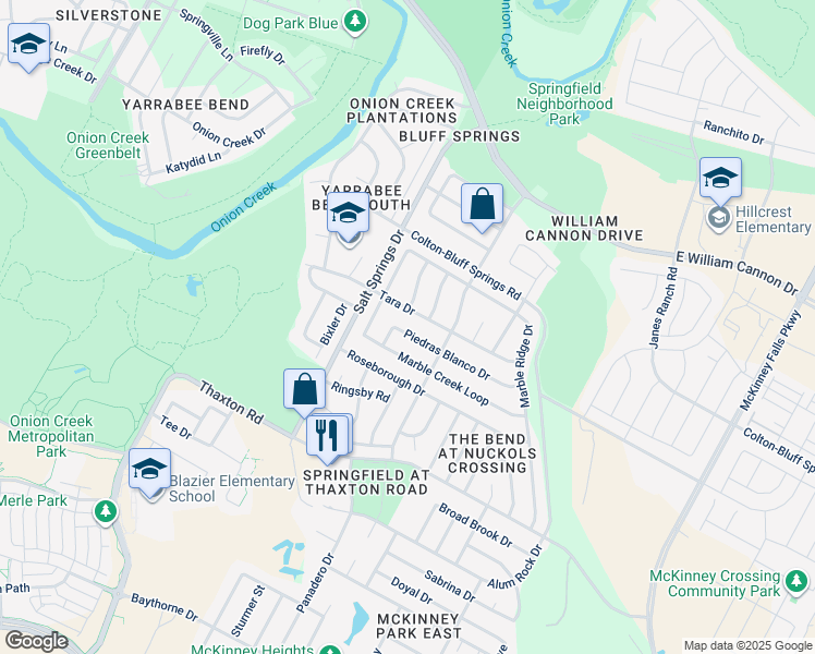 map of restaurants, bars, coffee shops, grocery stores, and more near 6508 Piedras Blanco Drive in Austin