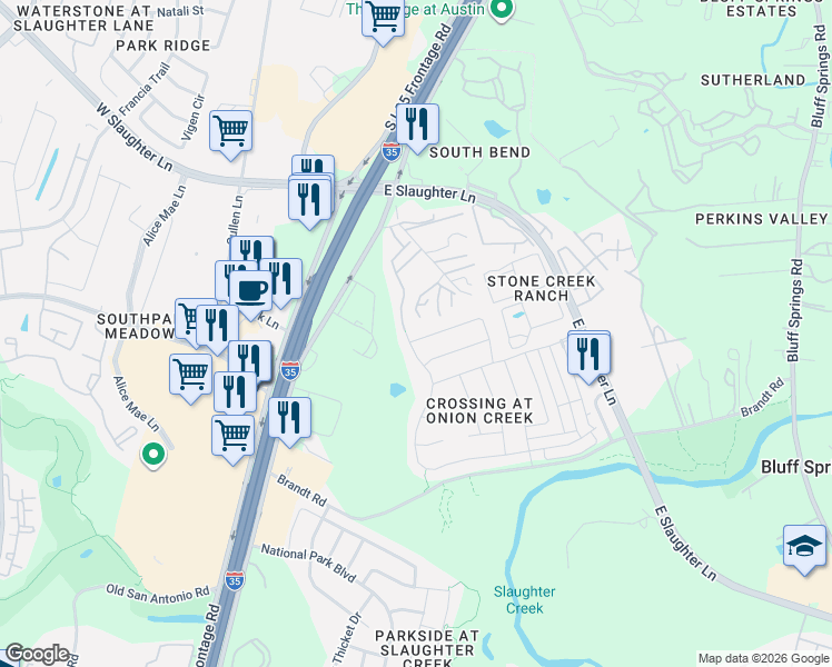 map of restaurants, bars, coffee shops, grocery stores, and more near 8710 Meridian Oak Lane in Austin