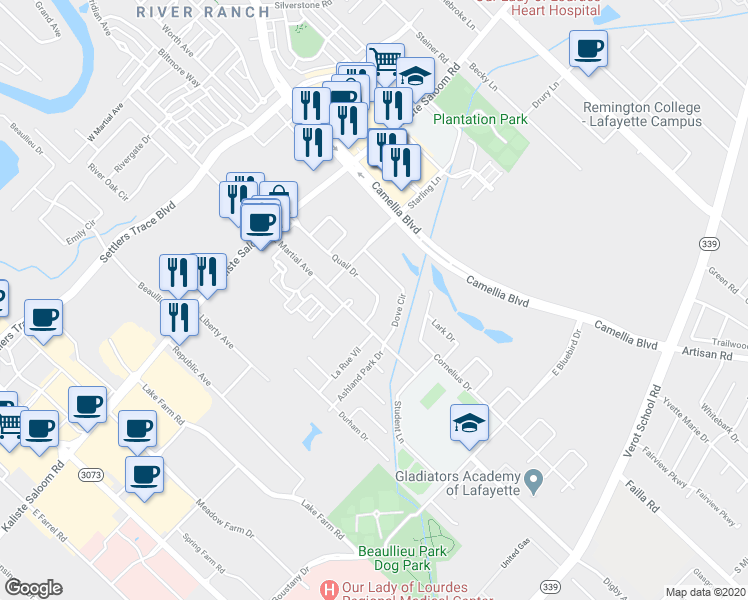 map of restaurants, bars, coffee shops, grocery stores, and more near 420 Quail Drive in Lafayette