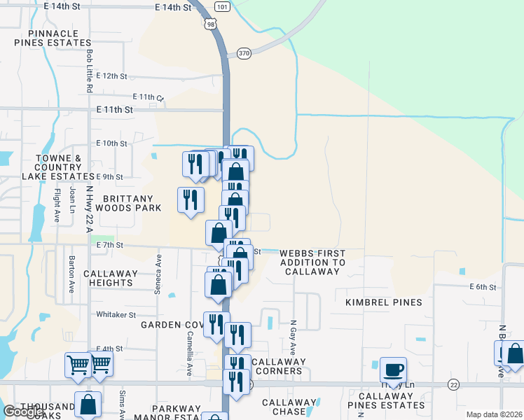map of restaurants, bars, coffee shops, grocery stores, and more near 5908 Callaway Circle in Panama City