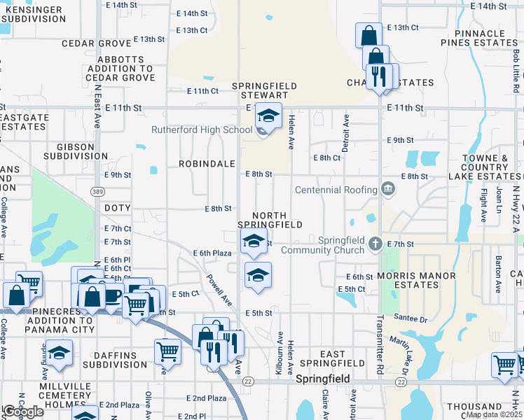 map of restaurants, bars, coffee shops, grocery stores, and more near 723-729 Sheffield Avenue in Panama City