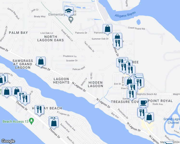 map of restaurants, bars, coffee shops, grocery stores, and more near 3600 Tiki Drive in Panama City