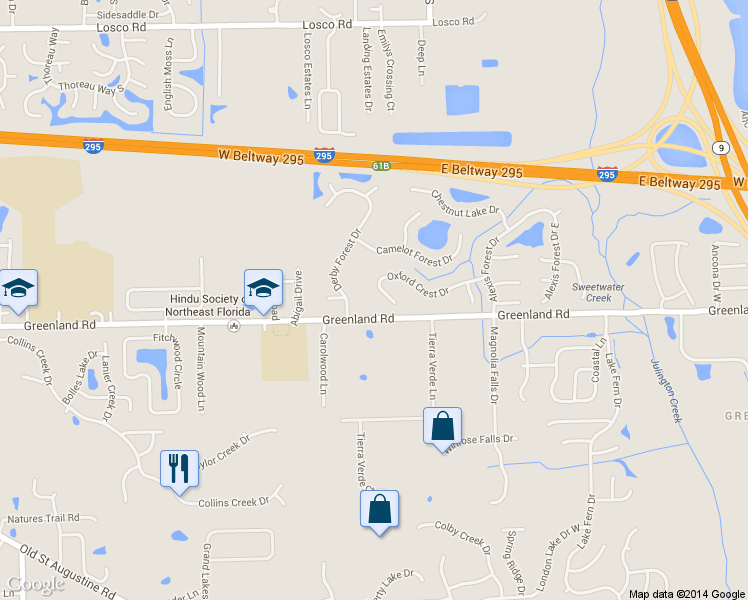 map of restaurants, bars, coffee shops, grocery stores, and more near 11665 Derby Forest Drive in Jacksonville