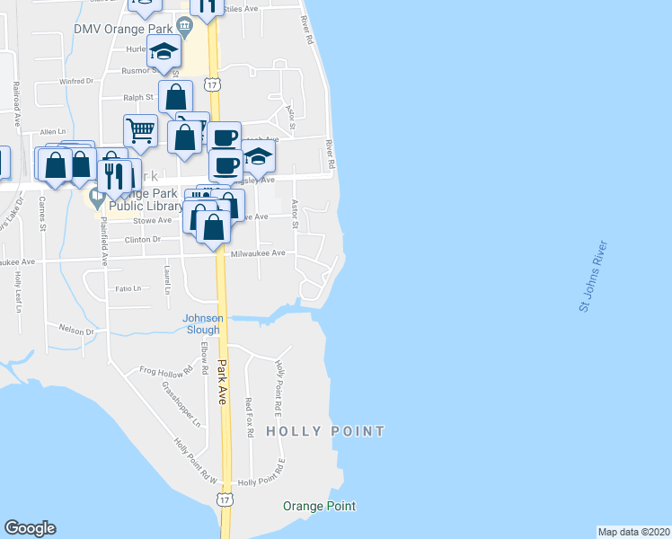 map of restaurants, bars, coffee shops, grocery stores, and more near 2223 Astor Street in Orange Park