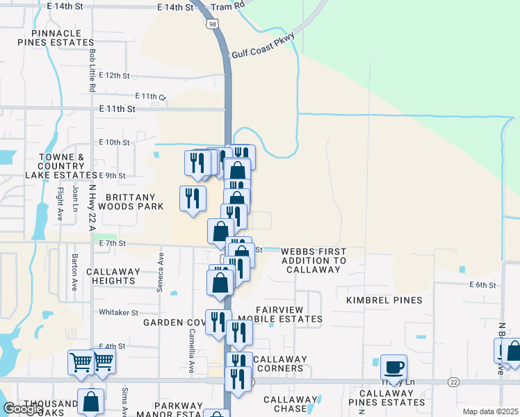 map of restaurants, bars, coffee shops, grocery stores, and more near 5908 Callaway Circle in Panama City