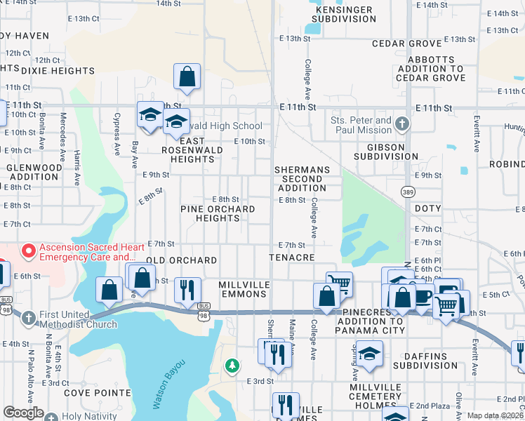 map of restaurants, bars, coffee shops, grocery stores, and more near 723 Sherman Avenue in Panama City