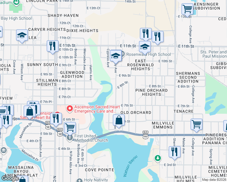 map of restaurants, bars, coffee shops, grocery stores, and more near 735 Bay Ave in Panama City