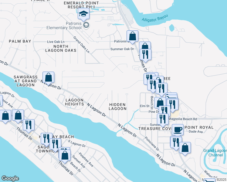 map of restaurants, bars, coffee shops, grocery stores, and more near 3606 Tiki Drive in Panama City Beach