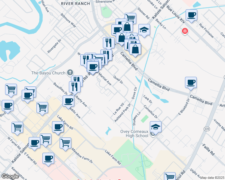 map of restaurants, bars, coffee shops, grocery stores, and more near Legardienne Way in Lafayette