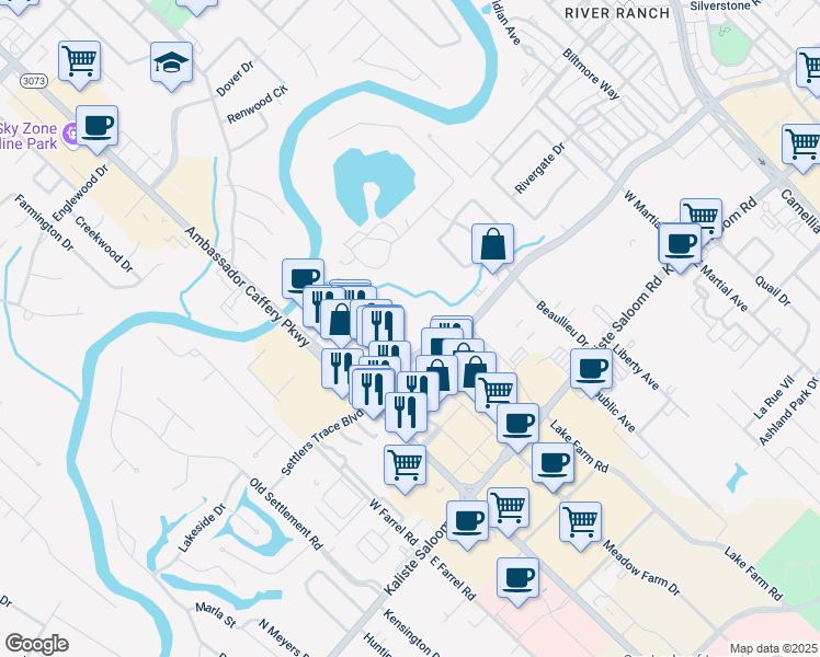 map of restaurants, bars, coffee shops, grocery stores, and more near Settlers Trace Boulevard in Lafayette