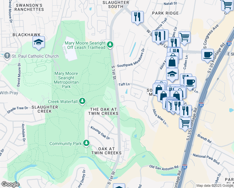 map of restaurants, bars, coffee shops, grocery stores, and more near 9936 South 1st Street in Austin