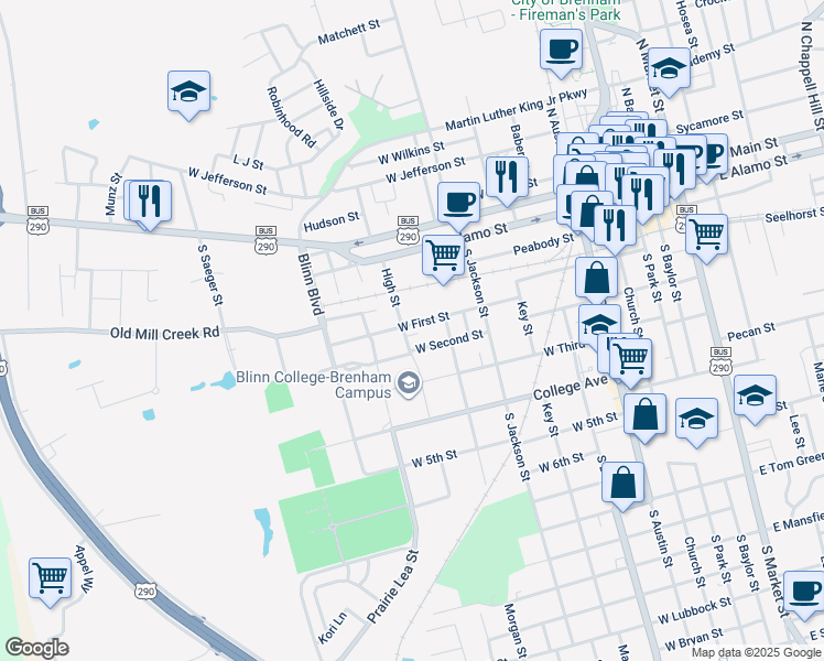map of restaurants, bars, coffee shops, grocery stores, and more near 811 West First Street in Brenham