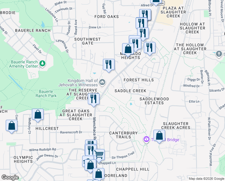 map of restaurants, bars, coffee shops, grocery stores, and more near 10731 Menchaca Road in Austin