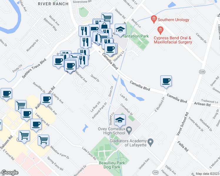 map of restaurants, bars, coffee shops, grocery stores, and more near 120 Dove Circle in Lafayette