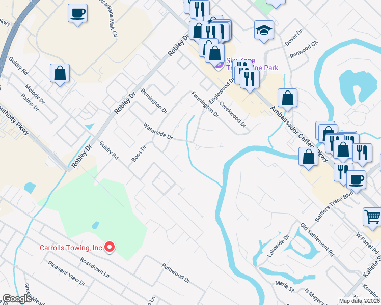 map of restaurants, bars, coffee shops, grocery stores, and more near 111 Waterside Drive in Lafayette