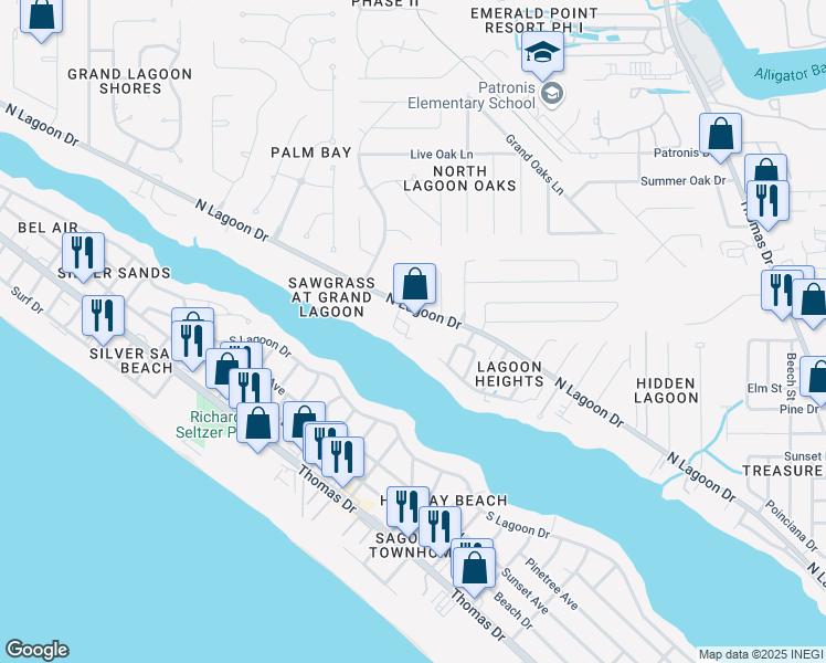 map of restaurants, bars, coffee shops, grocery stores, and more near 7813 North Lagoon Drive in Panama City