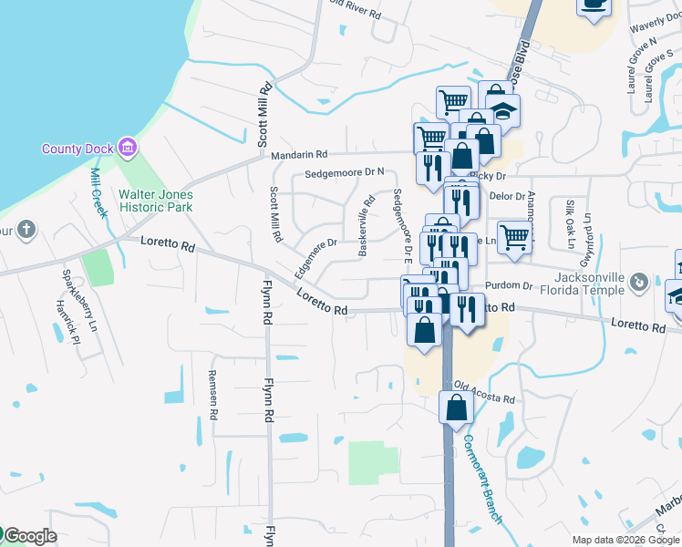 map of restaurants, bars, coffee shops, grocery stores, and more near 11628 Sedgemoore Drive South in Jacksonville