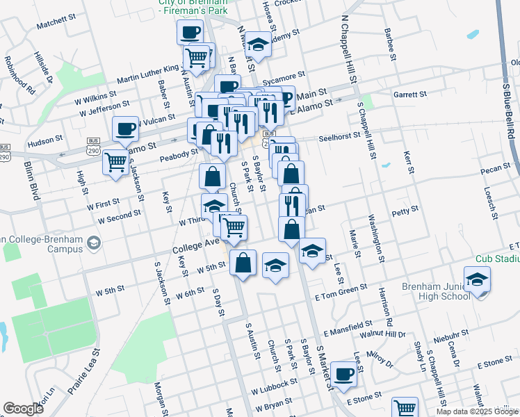 map of restaurants, bars, coffee shops, grocery stores, and more near 706 South Baylor Street in Brenham