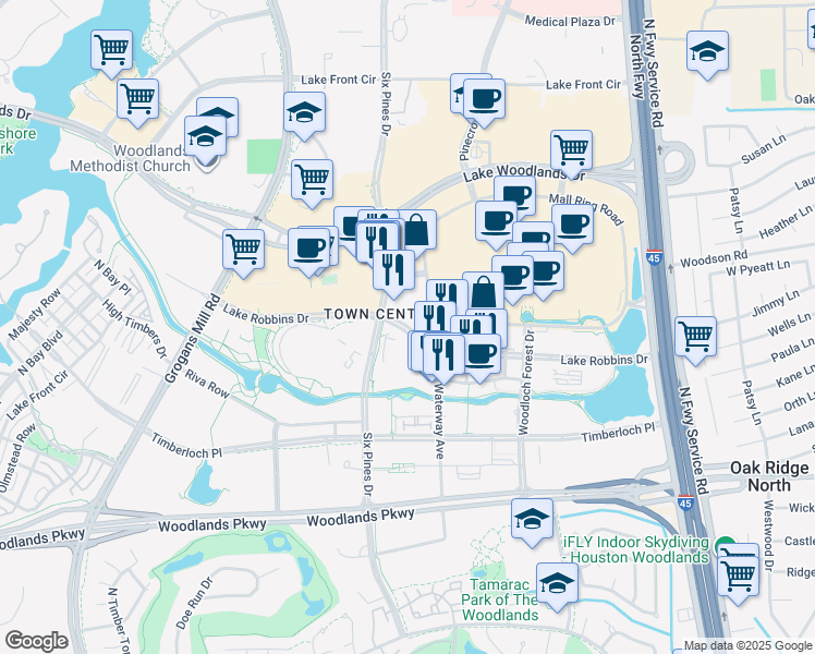 map of restaurants, bars, coffee shops, grocery stores, and more near Lake Robbins Drive in Spring