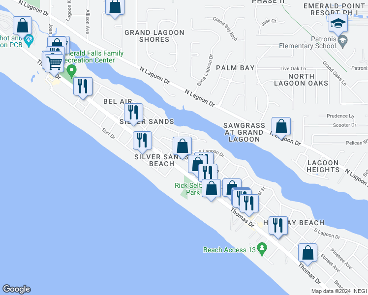 map of restaurants, bars, coffee shops, grocery stores, and more near 7608 Sunset Avenue in Panama City Beach