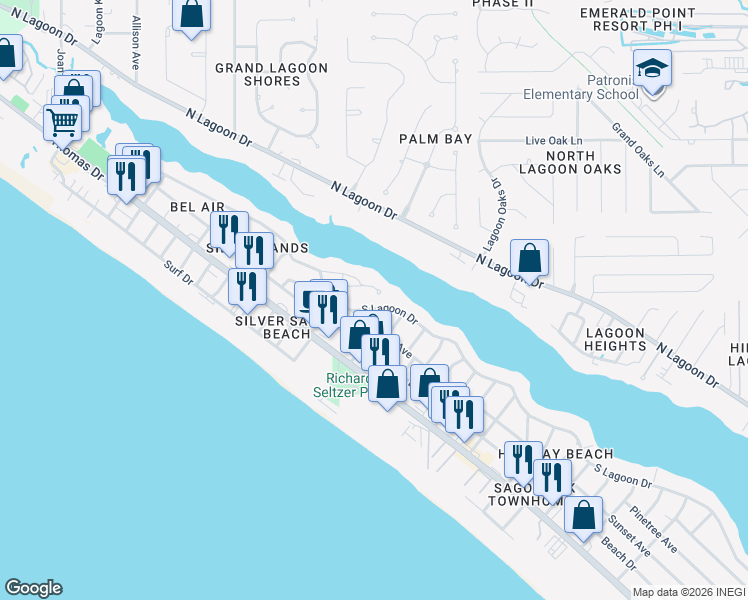 map of restaurants, bars, coffee shops, grocery stores, and more near 7430 South Lagoon Drive in Panama City