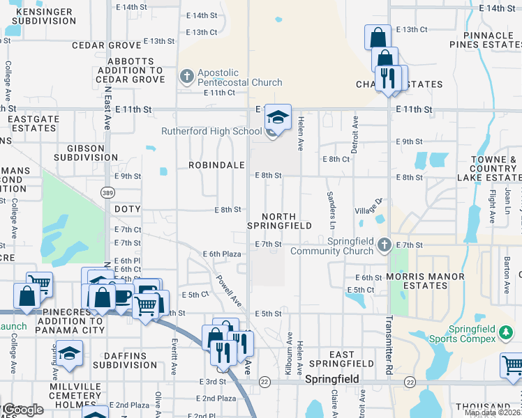 map of restaurants, bars, coffee shops, grocery stores, and more near 723-729 Sheffield Avenue in Panama City