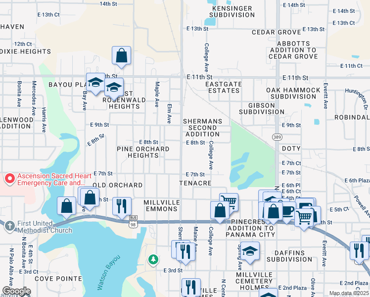 map of restaurants, bars, coffee shops, grocery stores, and more near 723 Sherman Avenue in Panama City