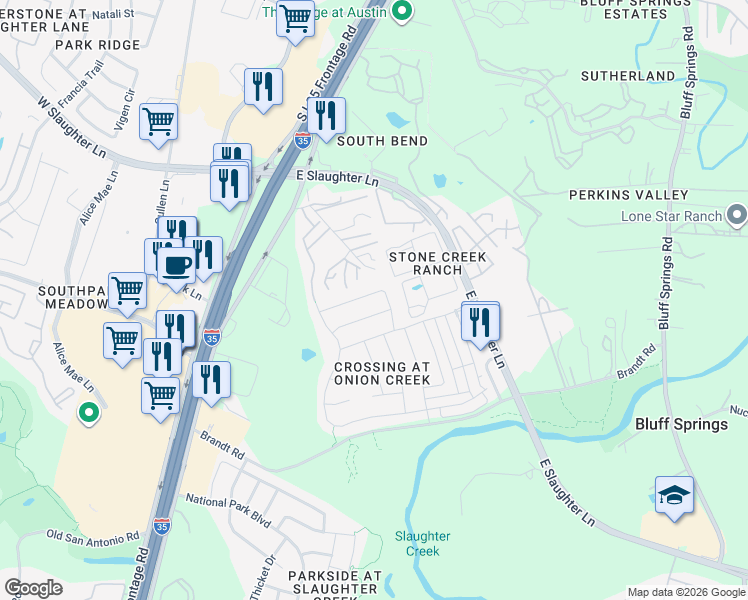 map of restaurants, bars, coffee shops, grocery stores, and more near 2110 Charlotte Estates Drive in Austin