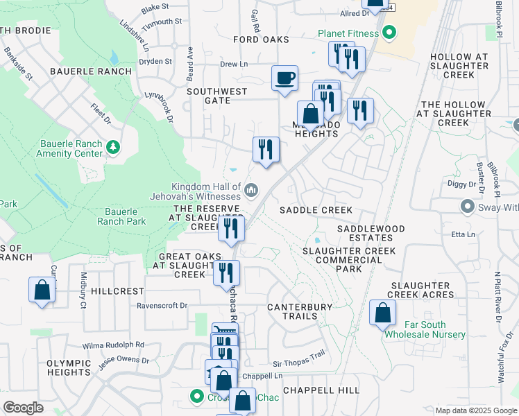 map of restaurants, bars, coffee shops, grocery stores, and more near 10731 Menchaca Road in Austin