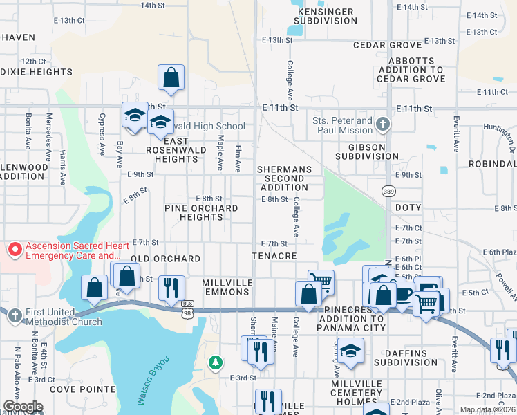 map of restaurants, bars, coffee shops, grocery stores, and more near 723 Sherman Avenue in Panama City