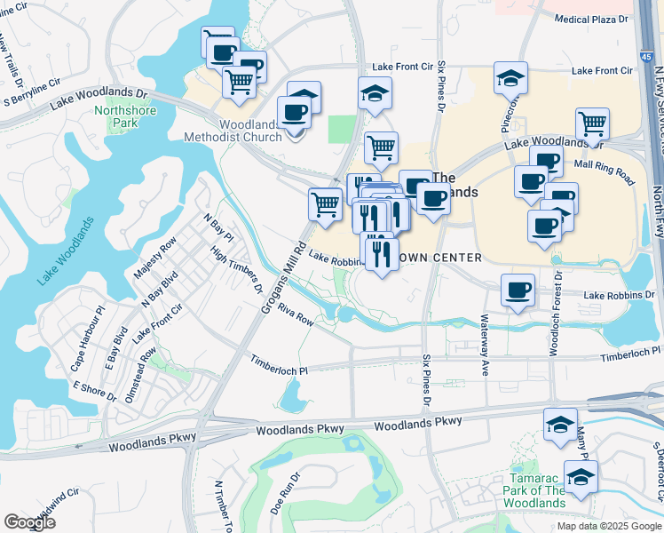 map of restaurants, bars, coffee shops, grocery stores, and more near 2099 Lake Robbins Drive in The Woodlands
