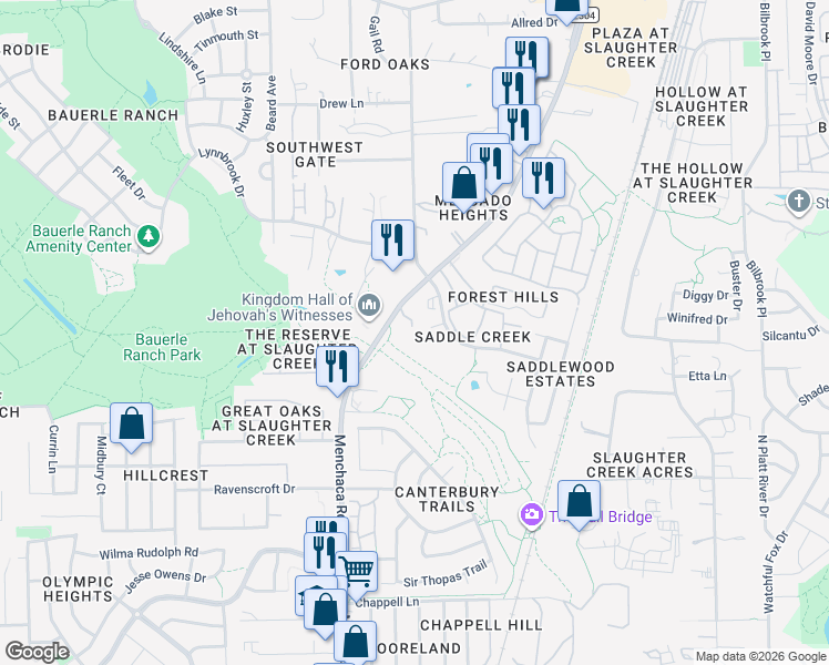 map of restaurants, bars, coffee shops, grocery stores, and more near 10731 Menchaca Road in Austin