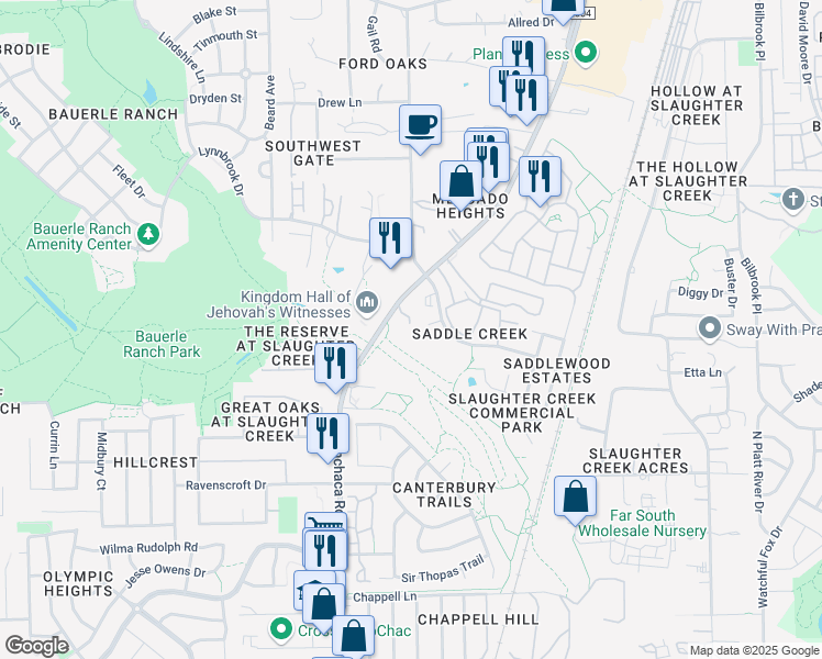 map of restaurants, bars, coffee shops, grocery stores, and more near 10731 Menchaca Road in Austin