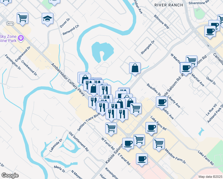 map of restaurants, bars, coffee shops, grocery stores, and more near Settlers Trace Boulevard in Lafayette