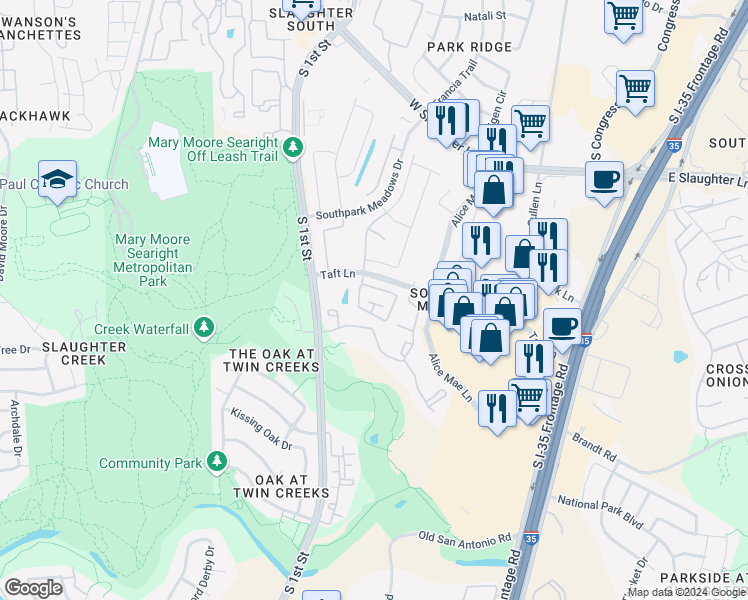map of restaurants, bars, coffee shops, grocery stores, and more near 10024 Milla Circle in Austin