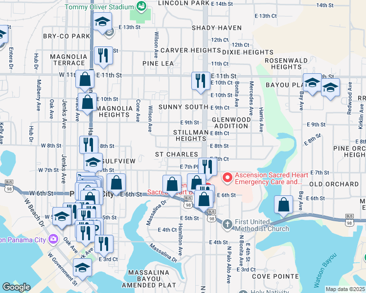 map of restaurants, bars, coffee shops, grocery stores, and more near 603 East 8th Street in Panama City