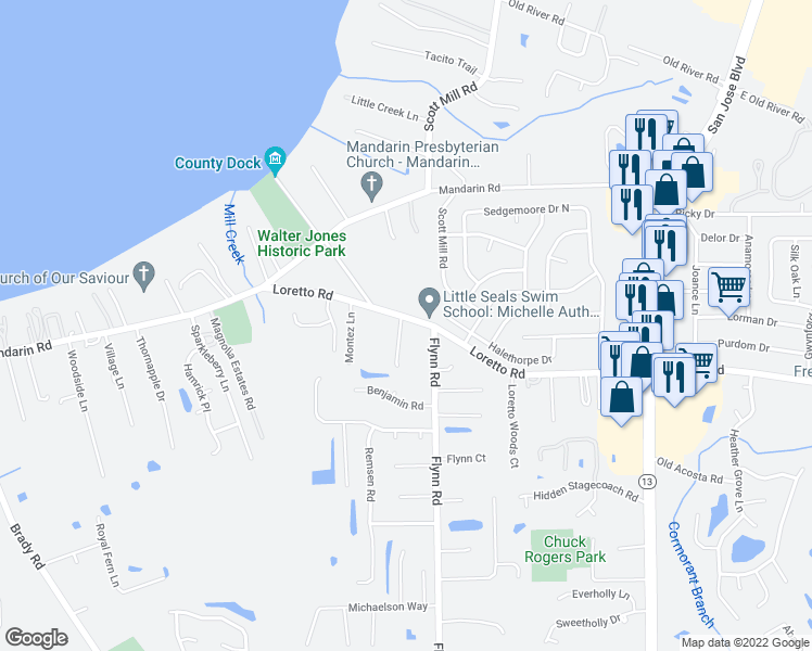 map of restaurants, bars, coffee shops, grocery stores, and more near 11611 Lady Clare Court in Jacksonville