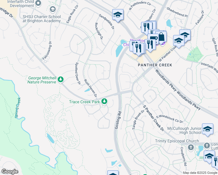 map of restaurants, bars, coffee shops, grocery stores, and more near 158 Rushwing Place in Spring