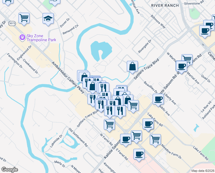 map of restaurants, bars, coffee shops, grocery stores, and more near 536 Settlers Trace Boulevard in Lafayette