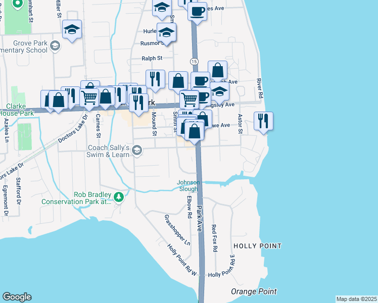 map of restaurants, bars, coffee shops, grocery stores, and more near 328 Milwaukee Avenue in Orange Park
