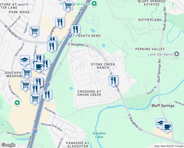 map of restaurants, bars, coffee shops, grocery stores, and more near 9005 Meridian Oak Lane in Austin