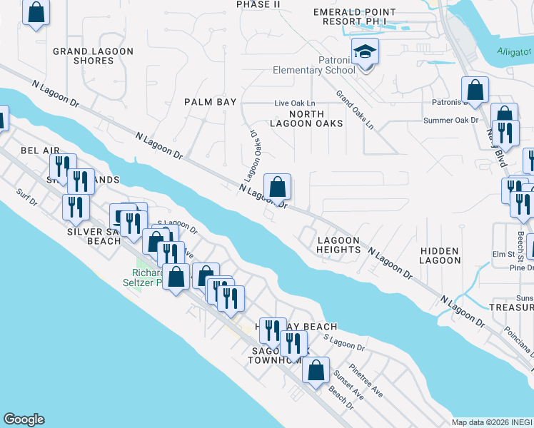 map of restaurants, bars, coffee shops, grocery stores, and more near 7813 North Lagoon Drive in Panama City