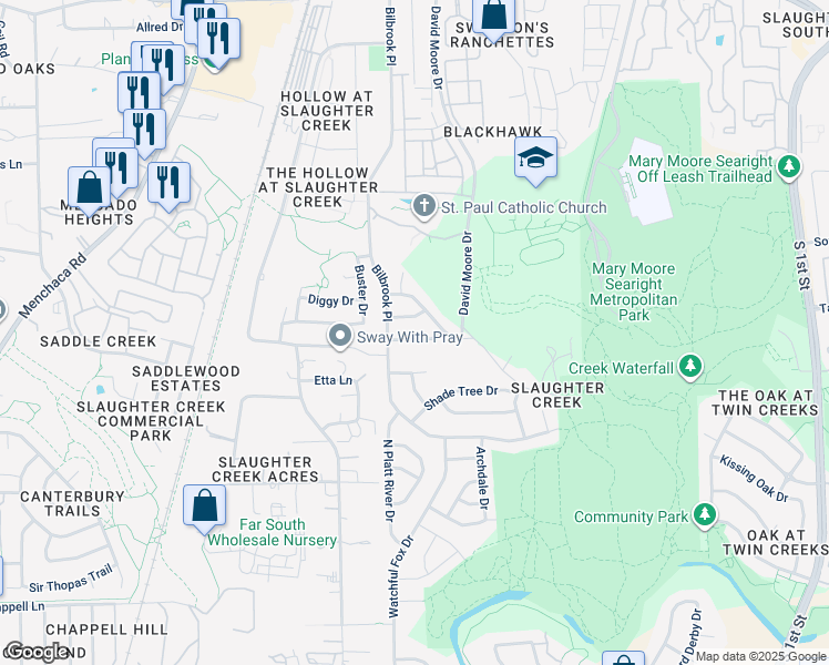 map of restaurants, bars, coffee shops, grocery stores, and more near 907 Silcantu Drive in Austin