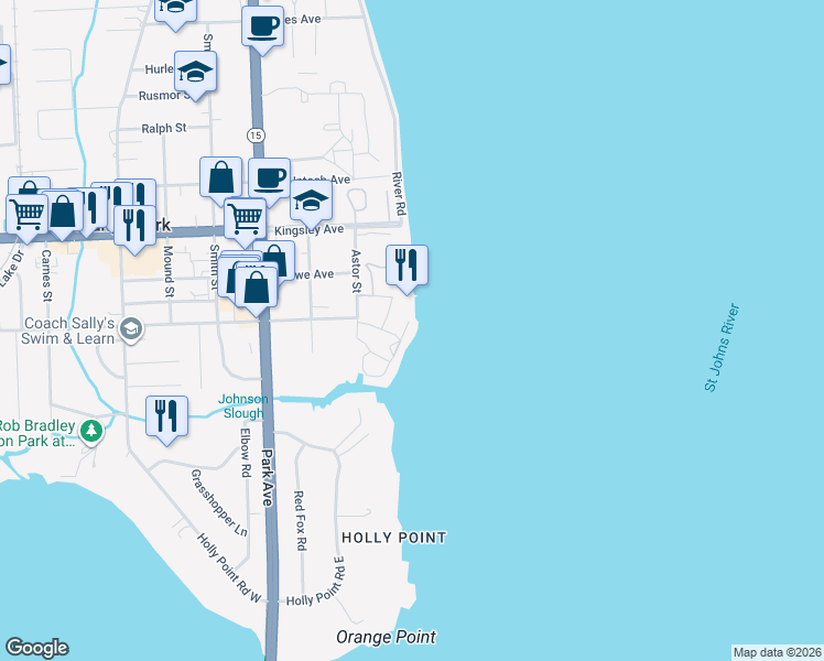 map of restaurants, bars, coffee shops, grocery stores, and more near 2199 Astor Street in Orange Park